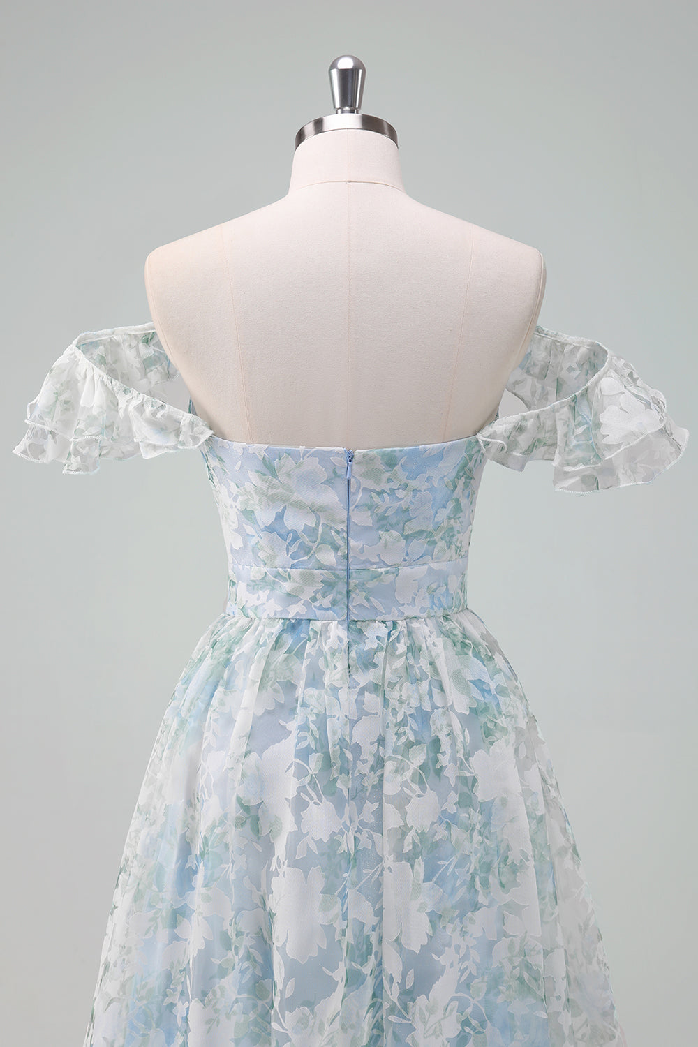 Vestido de fiesta largo con mangas cortas con estampado de flores azul claro