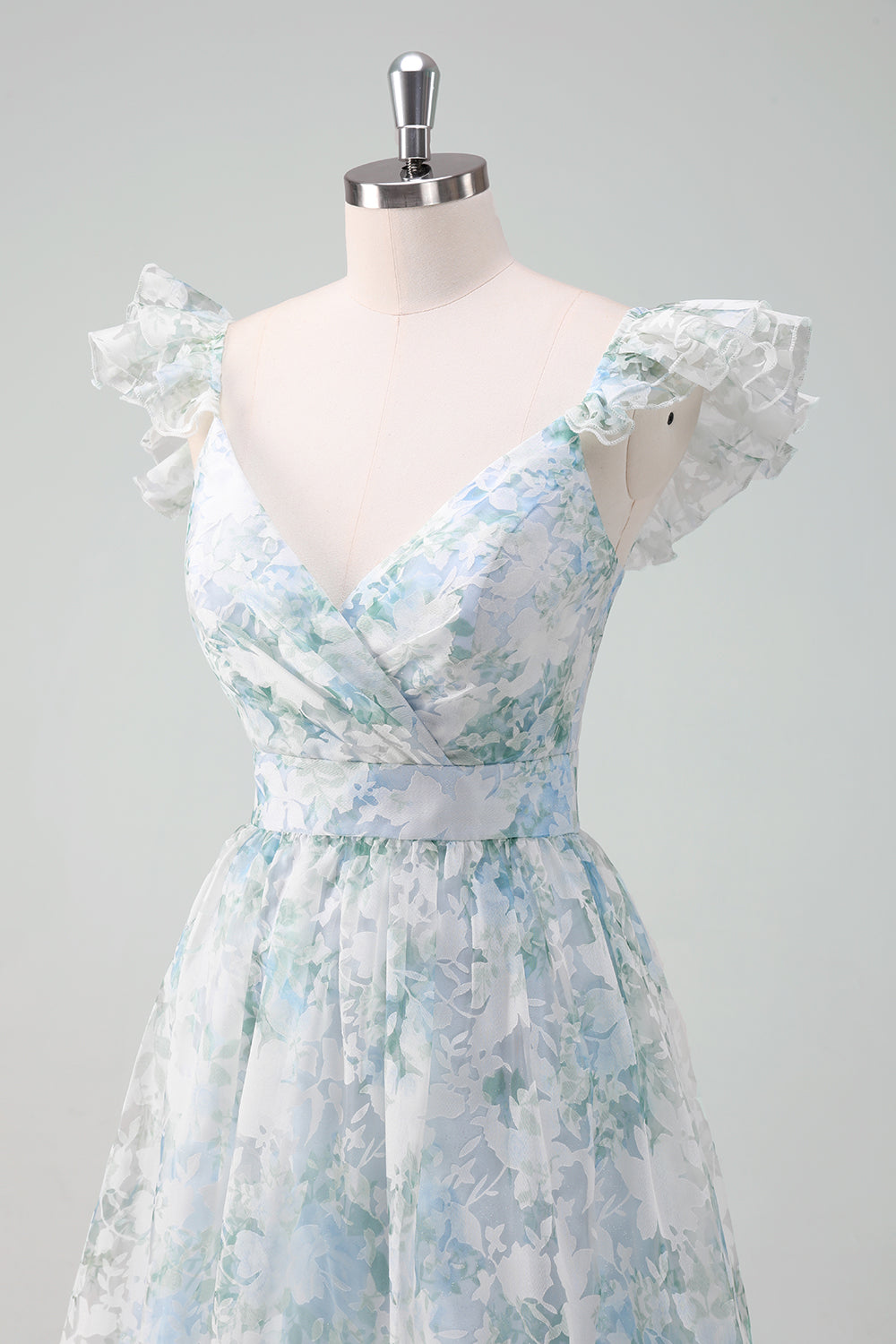 Vestido de fiesta largo con mangas cortas con estampado de flores azul claro