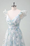 Vestido de fiesta largo con mangas cortas con estampado de flores azul claro