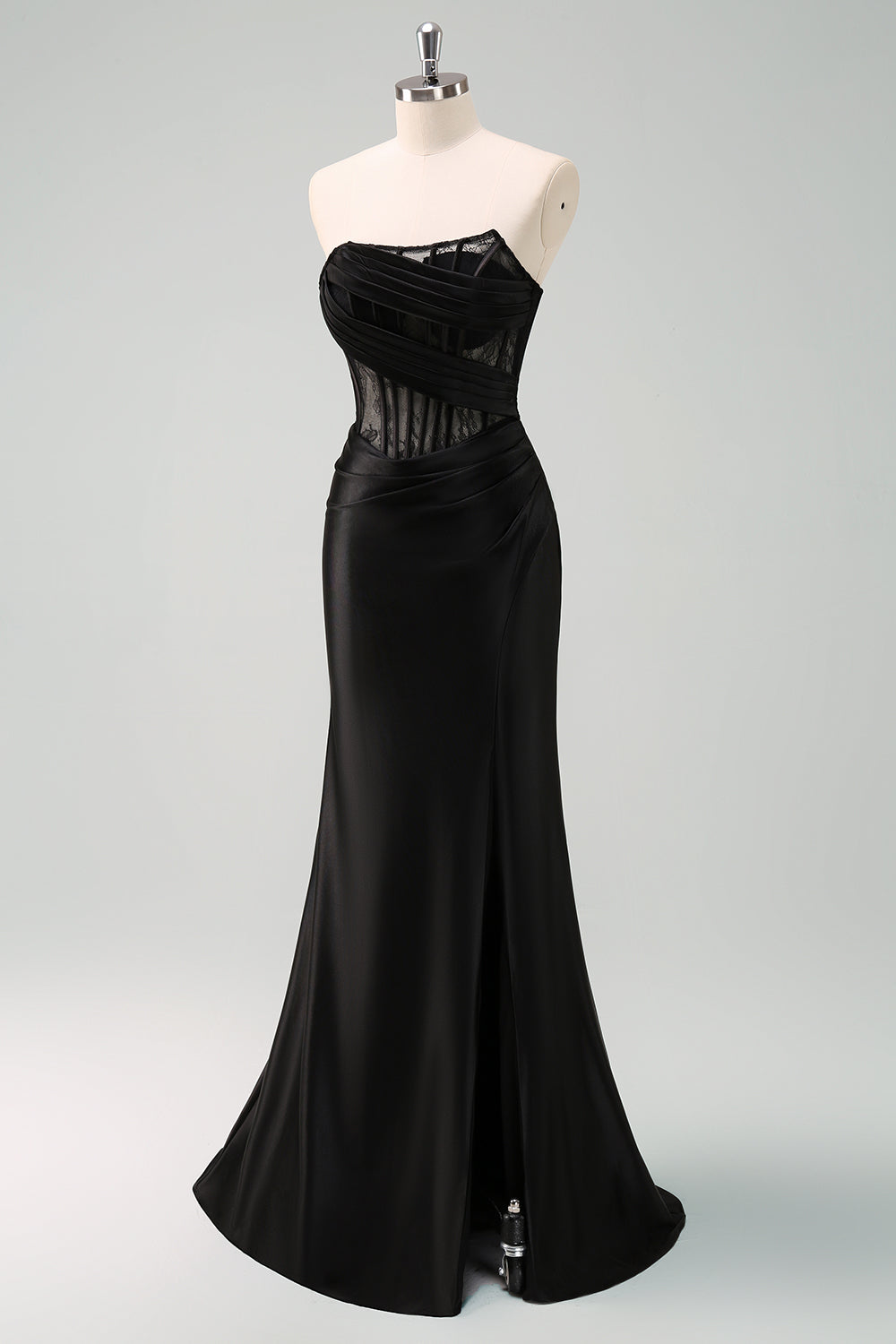 Vestido largo de fiesta con corsé fruncido de sirena sin tirantes negro