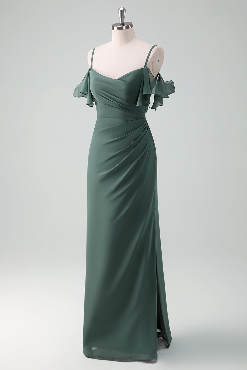 Eucalipto Tirantes de espagueti Vaina Vestido largo de dama de honor de gasa