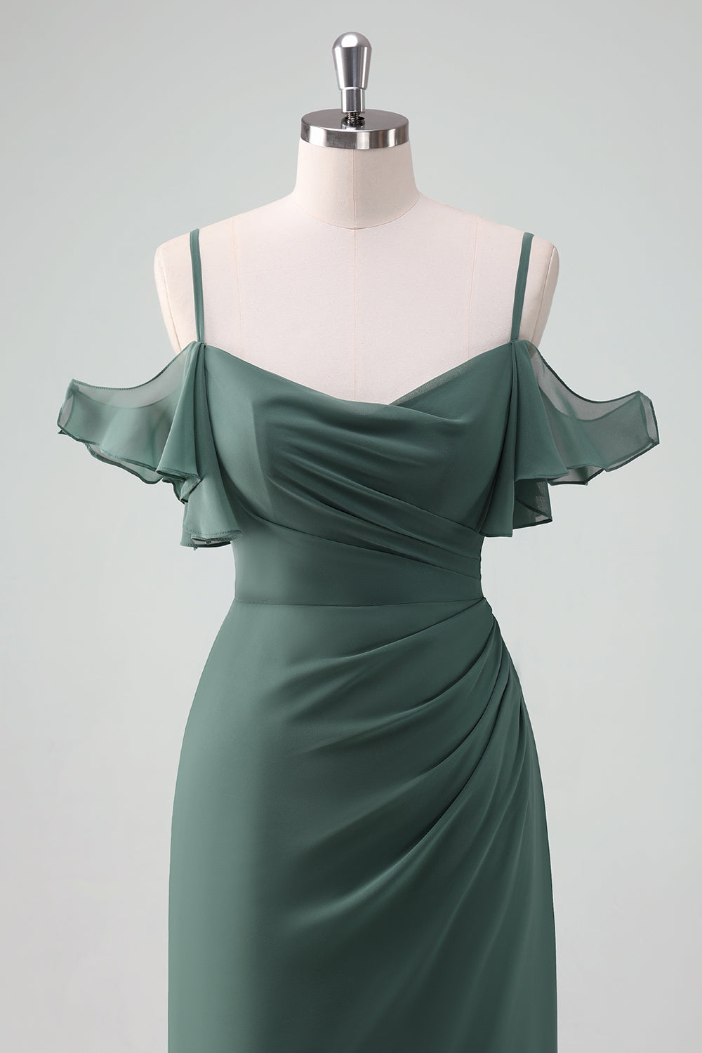Eucalipto Tirantes de espagueti Vaina Vestido largo de dama de honor de gasa