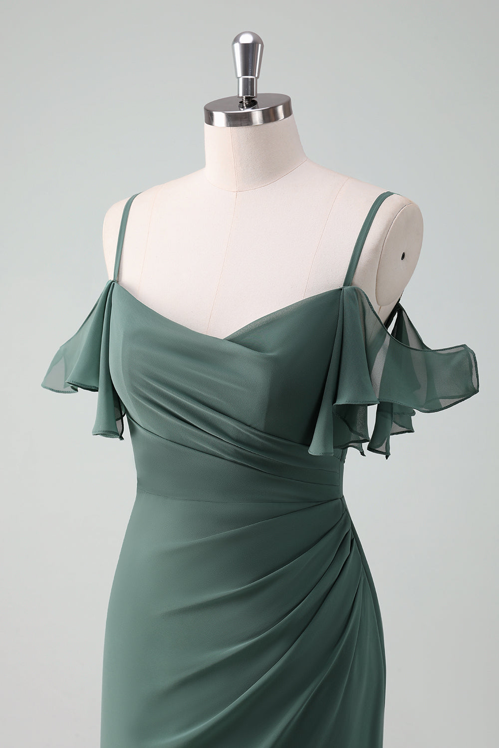 Eucalipto Tirantes de espagueti Vaina Vestido largo de dama de honor de gasa