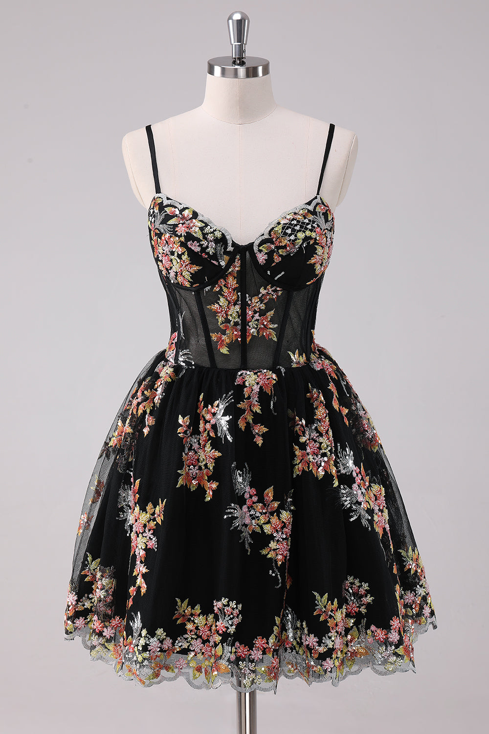 Vestido de fiesta corto con estampado floral negro brillante