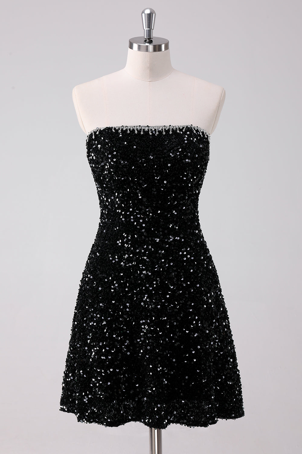 Vestido corto de lentejuelas sin tirantes negro brillante