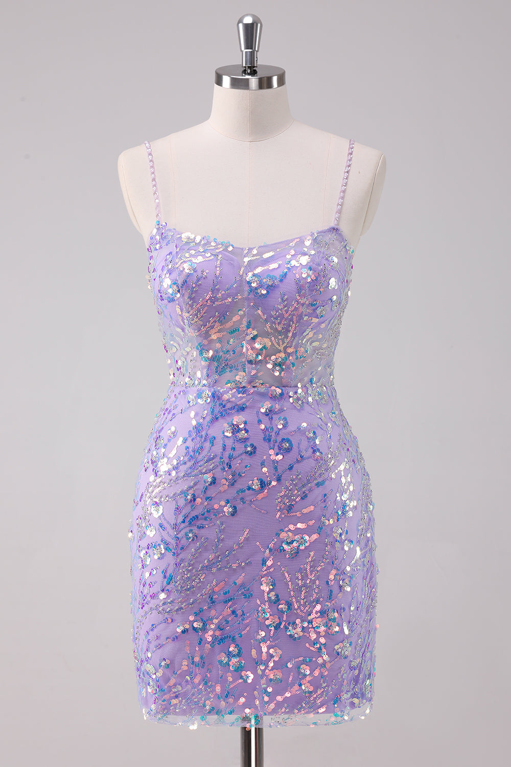 Vestido de fiesta corto con lentejuelas tirantes finos y ajustado color morado brillante