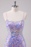 Vestido de fiesta corto con lentejuelas tirantes finos y ajustado color morado brillante