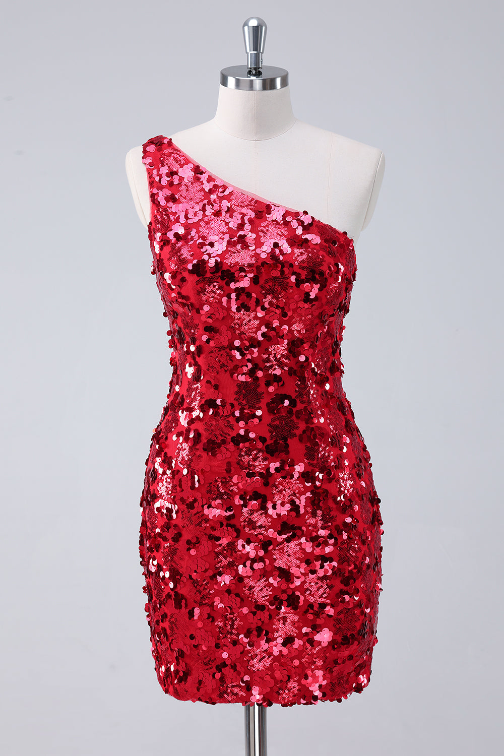 Vestido de fiesta corto con un hombro al descubierto y lentejuelas rojas brillantes