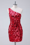 Vestido de fiesta corto con un hombro al descubierto y lentejuelas rojas brillantes