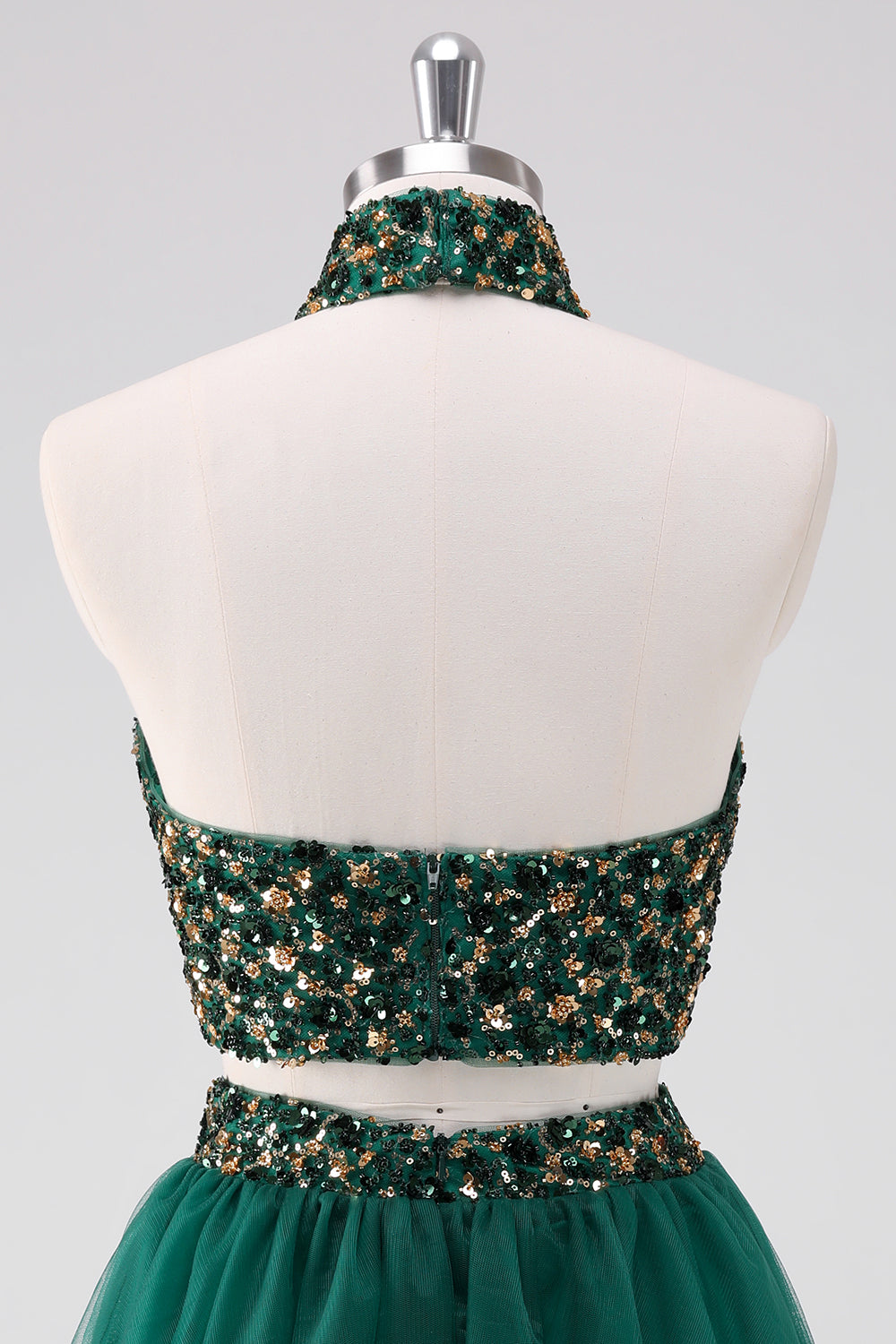 Vestido corto halter verde oscuro brillante con lentejuelas