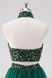 Vestido corto halter verde oscuro brillante con lentejuelas