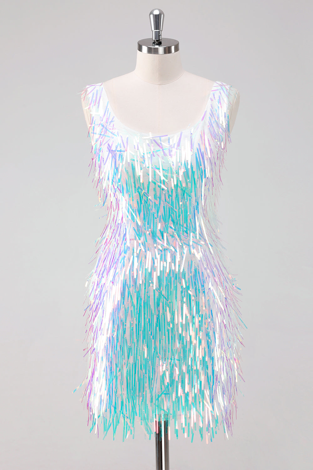 Vestido de fiesta corto blanco brillante con escote redondo y borlas