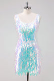 Vestido de fiesta corto blanco brillante con escote redondo y borlas