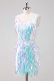 Vestido de fiesta corto blanco brillante con escote redondo y borlas