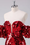 Vestido ajustado de lentejuelas rojas con mangas desmontables