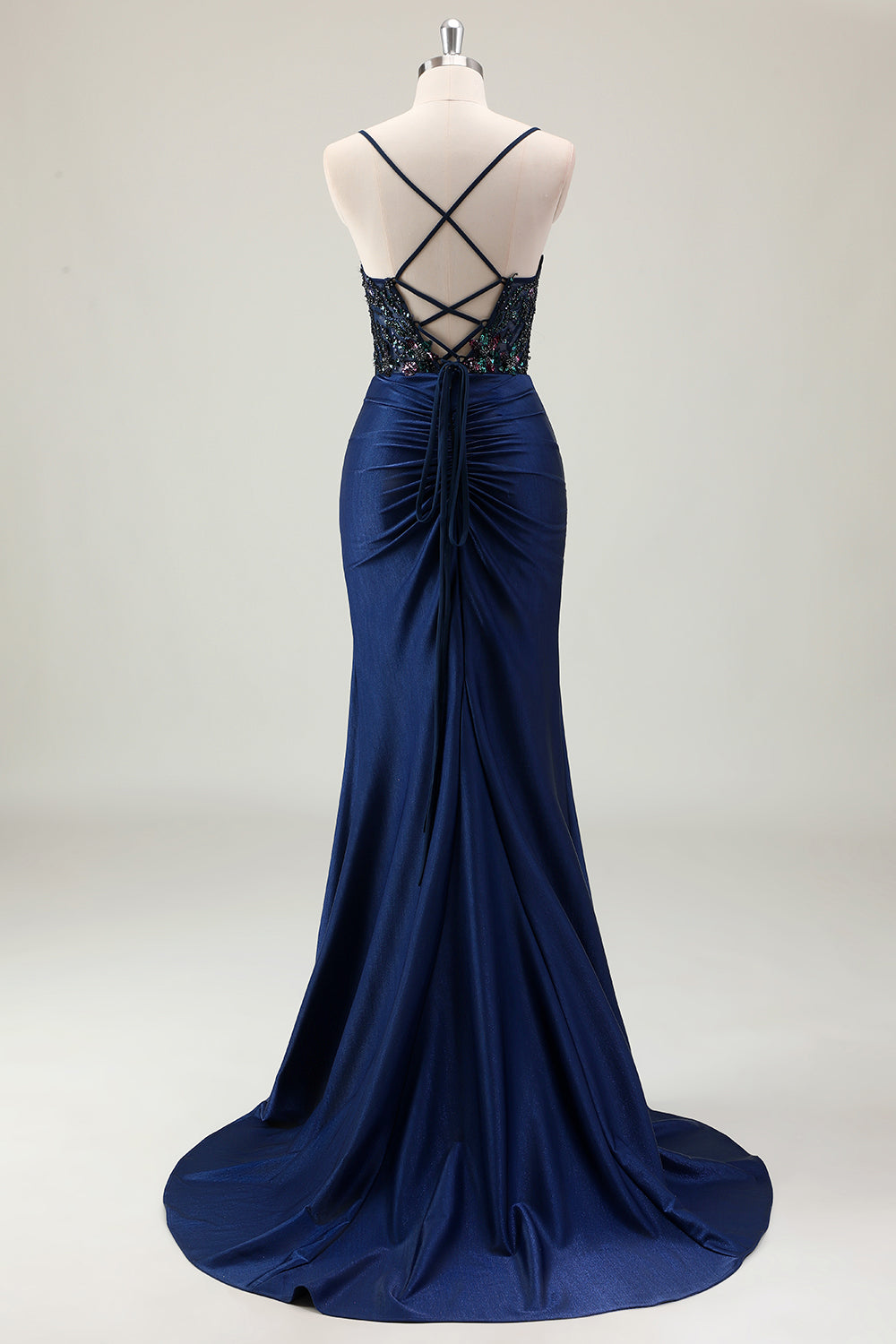 Vestido de fiesta de lentejuelas brillantes con tirantes de sirena azul marino oscuro con abertura