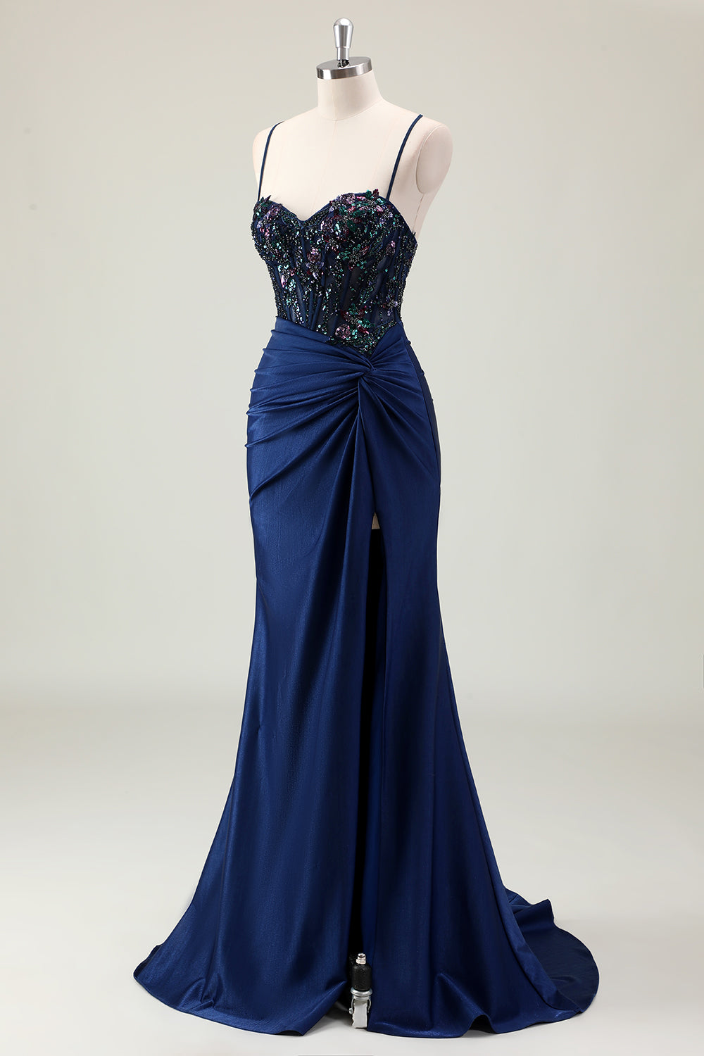 Vestido de fiesta de lentejuelas brillantes con tirantes de sirena azul marino oscuro con abertura