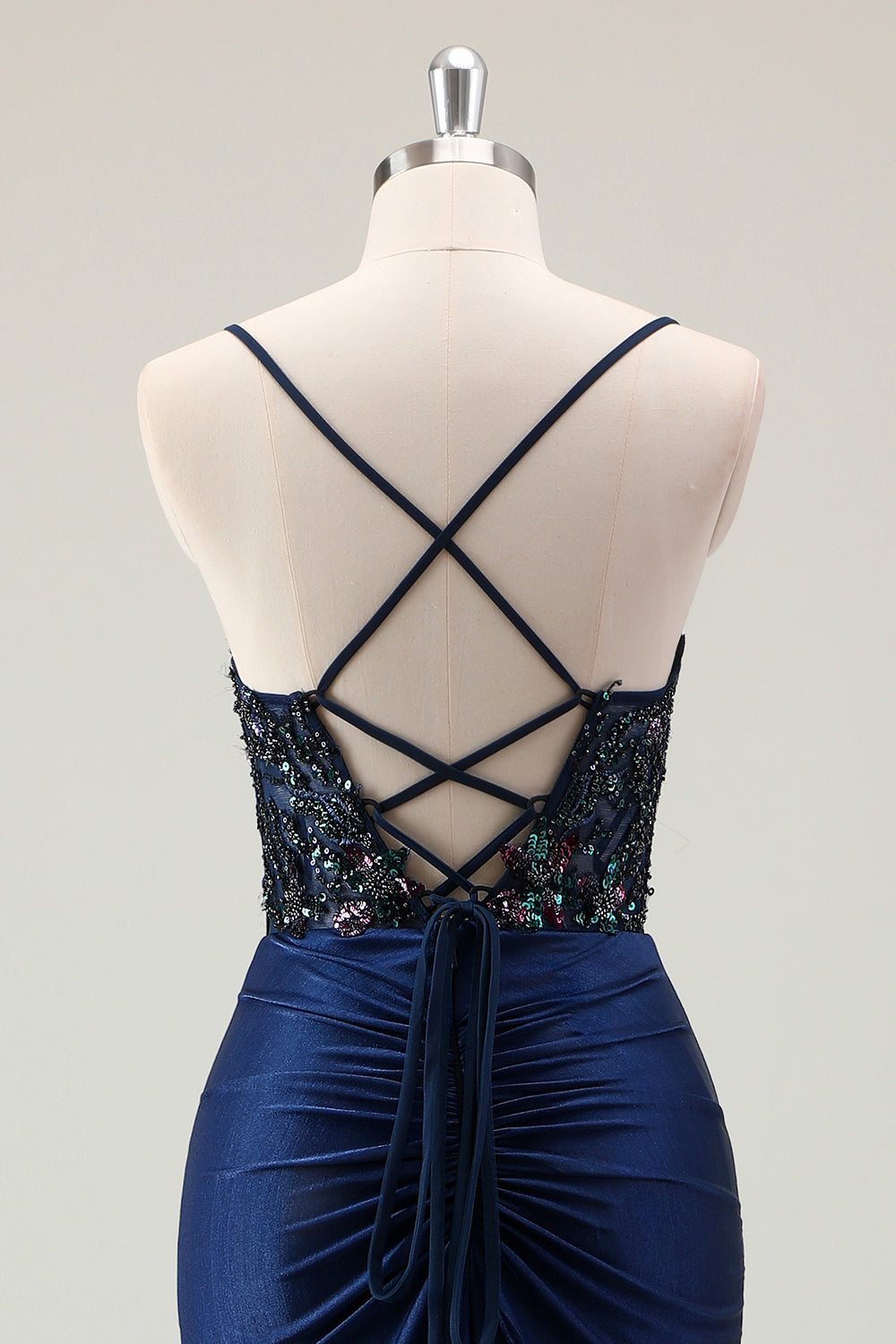 Vestido de fiesta de lentejuelas brillantes con tirantes de sirena azul marino oscuro con abertura