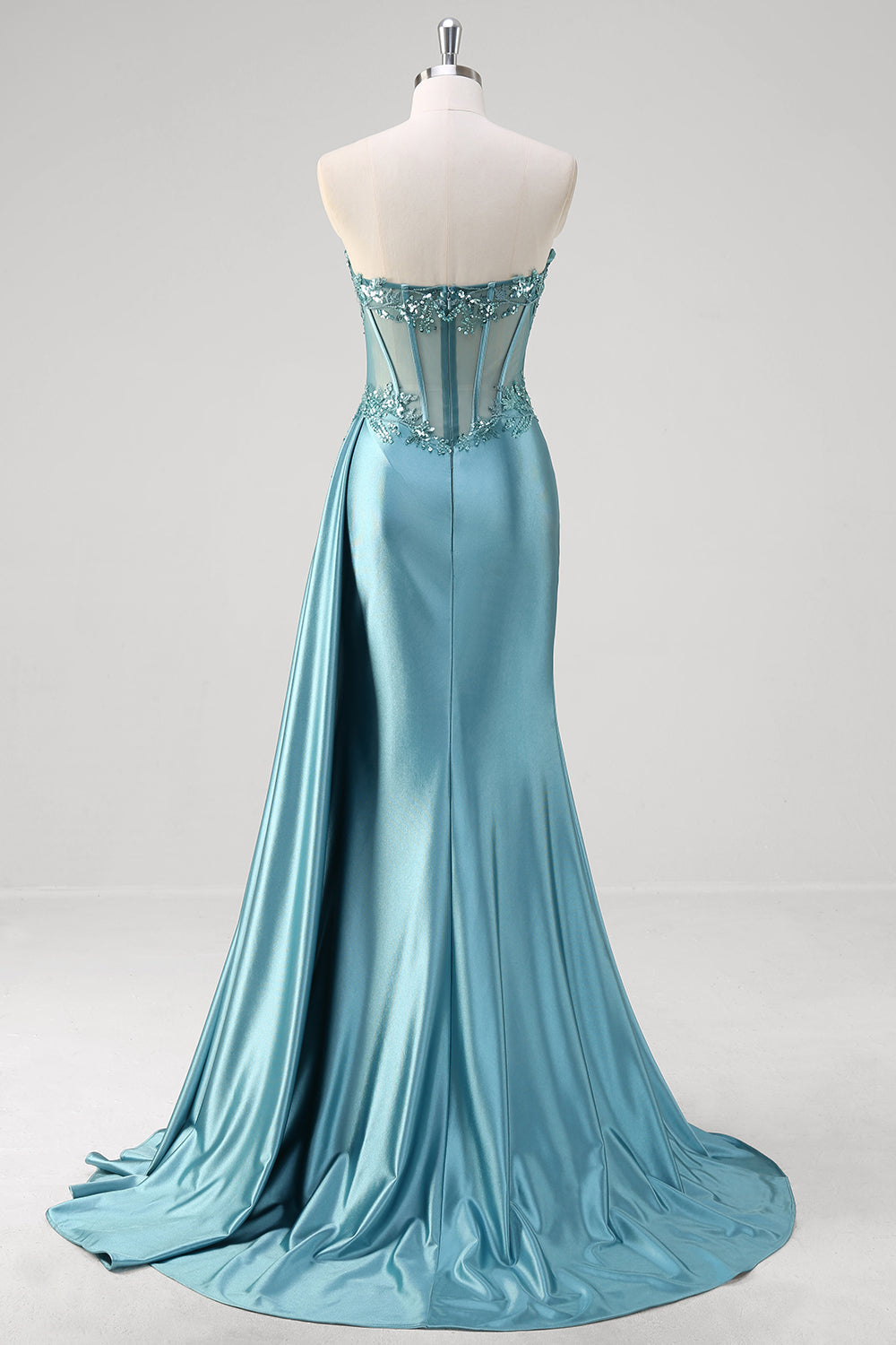 Gris Azul sirena Corsé sin tirantes Vestido de fiesta de satén con lentejuelas