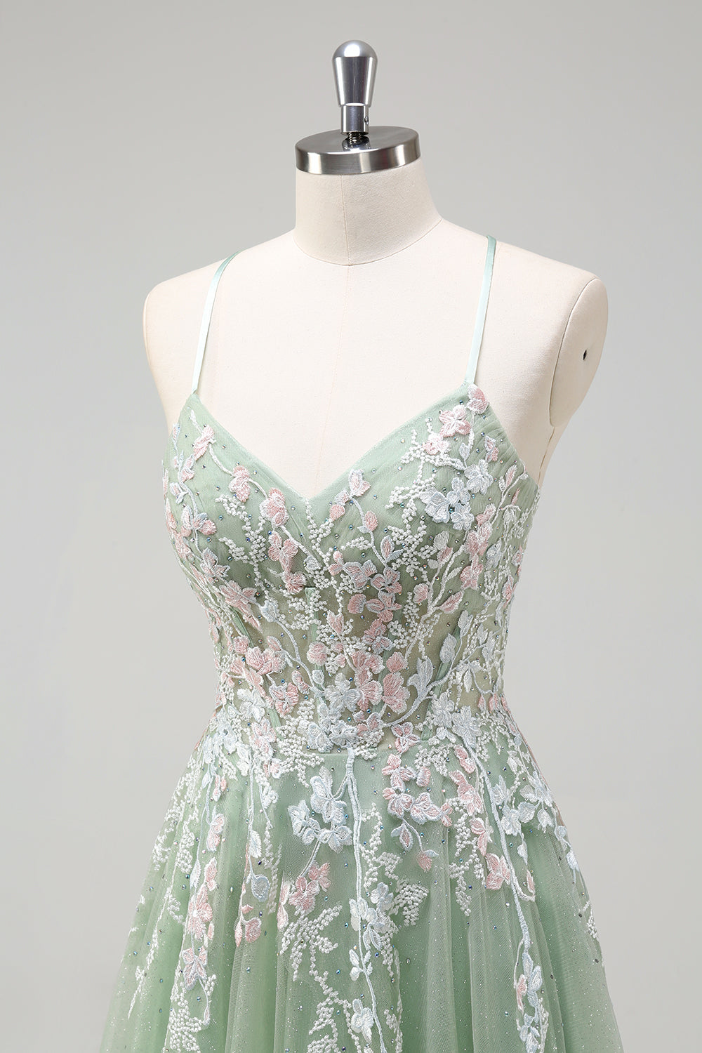 Vestido de fiesta largo de tul con tirantes de espagueti de sage A-Line con apliques
