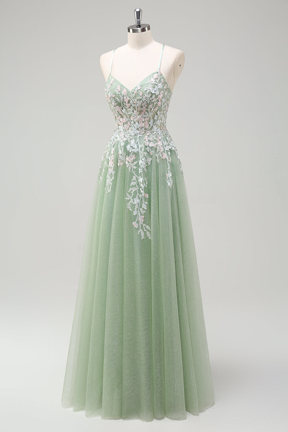 Vestido de fiesta largo de tul con tirantes de espagueti de sage A-Line con apliques