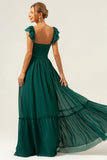 Vestido largo de dama de honor de gasa fruncido con escote en V de línea verde oscuro