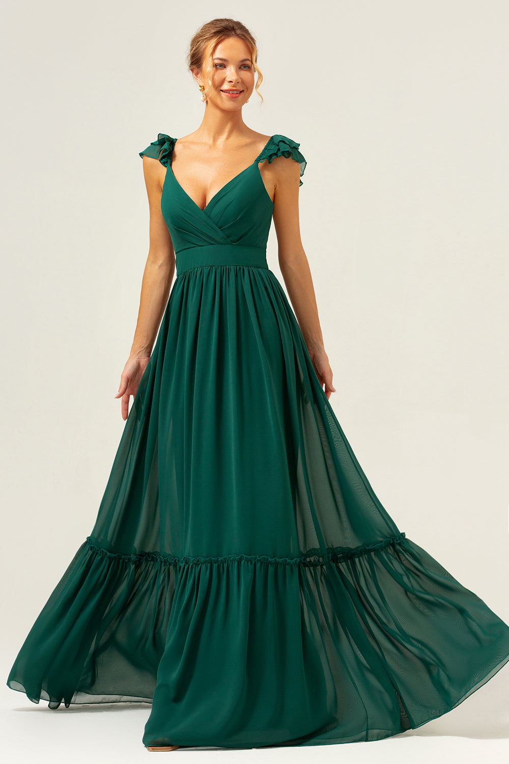 Vestido largo de dama de honor de gasa fruncido con escote en V de línea verde oscuro