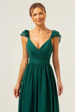 Vestido largo de dama de honor de gasa fruncido con escote en V de línea verde oscuro