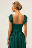 Vestido largo de dama de honor de gasa fruncido con escote en V de línea verde oscuro