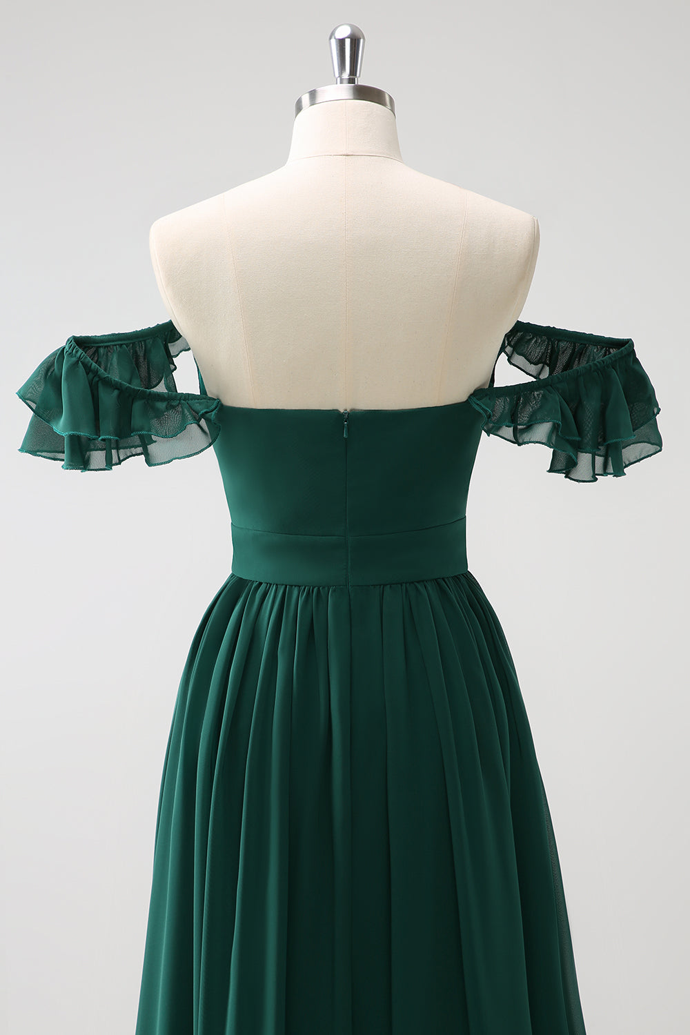 Vestido largo de dama de honor de gasa con cuello en V de línea verde oscuro