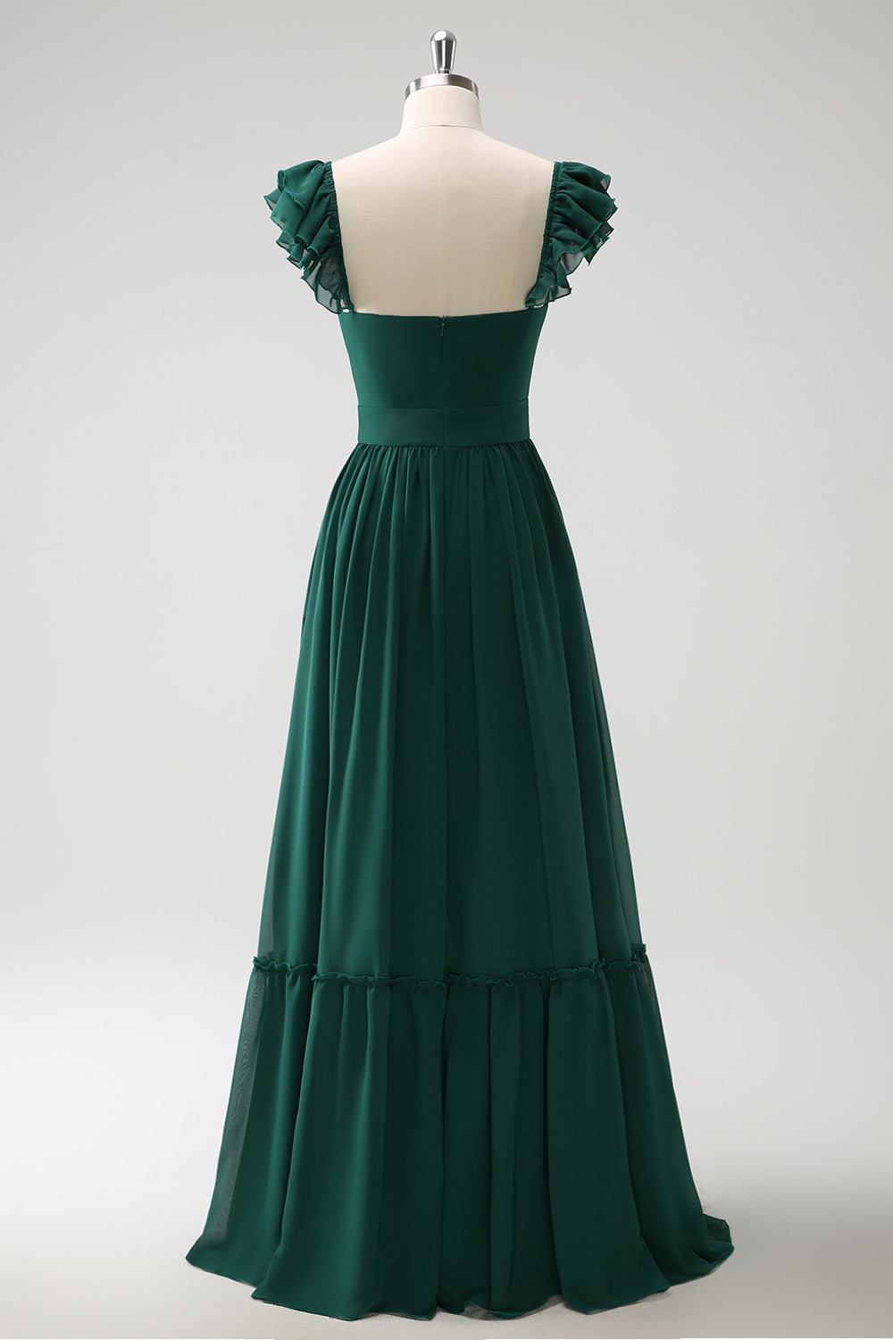 Vestido largo de dama de honor de gasa con cuello en V de línea verde oscuro