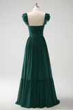 Vestido largo de dama de honor de gasa con cuello en V de línea verde oscuro