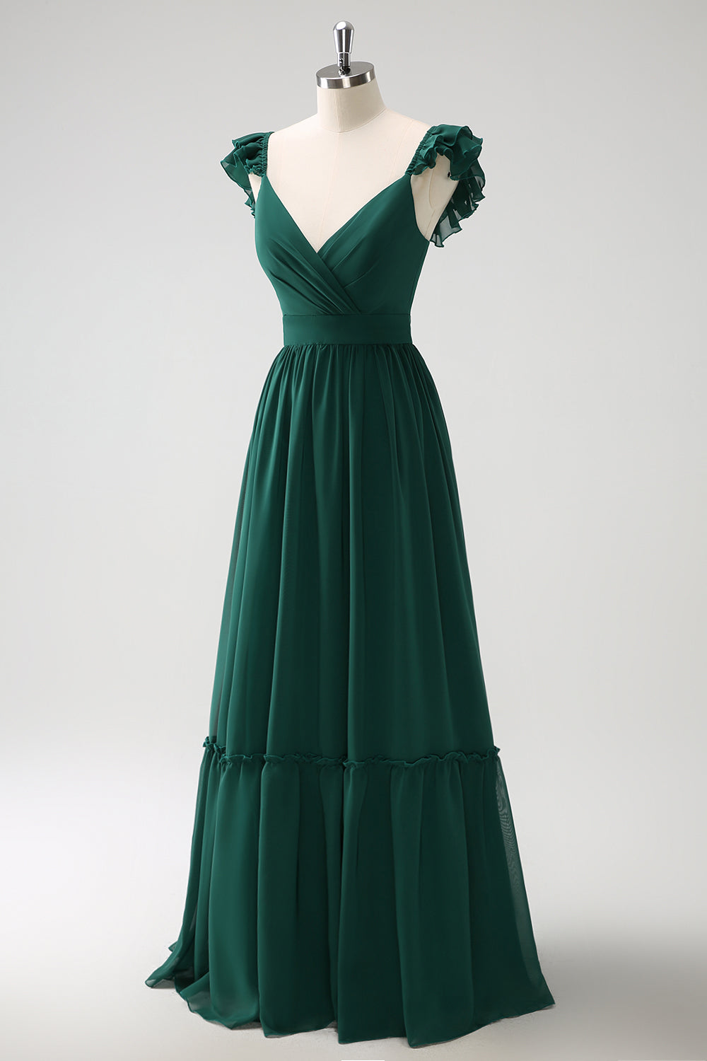 Vestido largo de dama de honor de gasa con cuello en V de línea verde oscuro