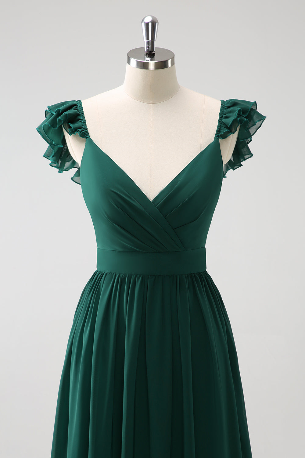 Vestido largo de dama de honor de gasa con cuello en V de línea verde oscuro