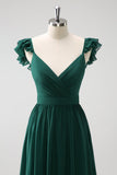 Vestido largo de dama de honor de gasa con cuello en V de línea verde oscuro