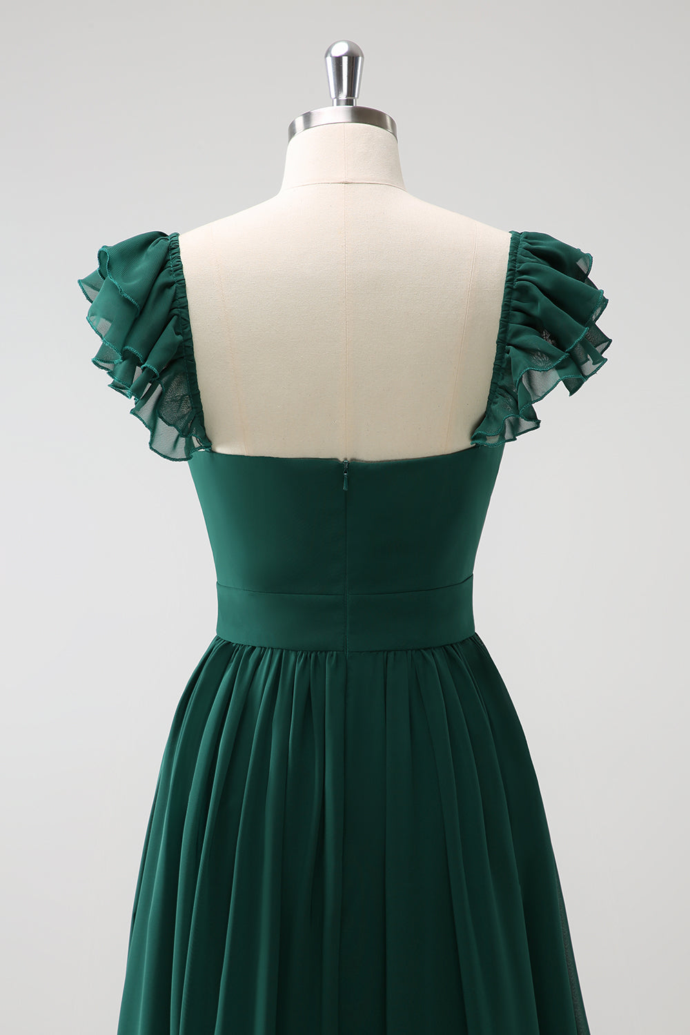 Vestido largo de dama de honor de gasa con cuello en V de línea verde oscuro