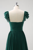 Vestido largo de dama de honor de gasa con cuello en V de línea verde oscuro