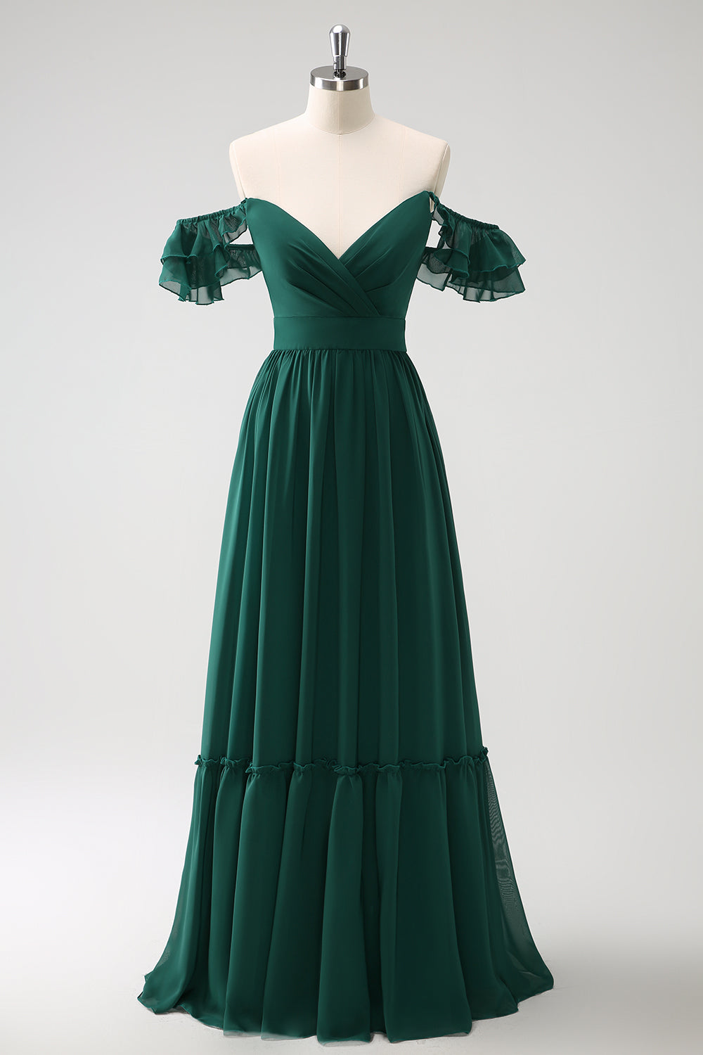 Vestido largo de dama de honor de gasa con cuello en V de línea verde oscuro