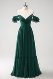 Vestido largo de dama de honor de gasa con cuello en V de línea verde oscuro