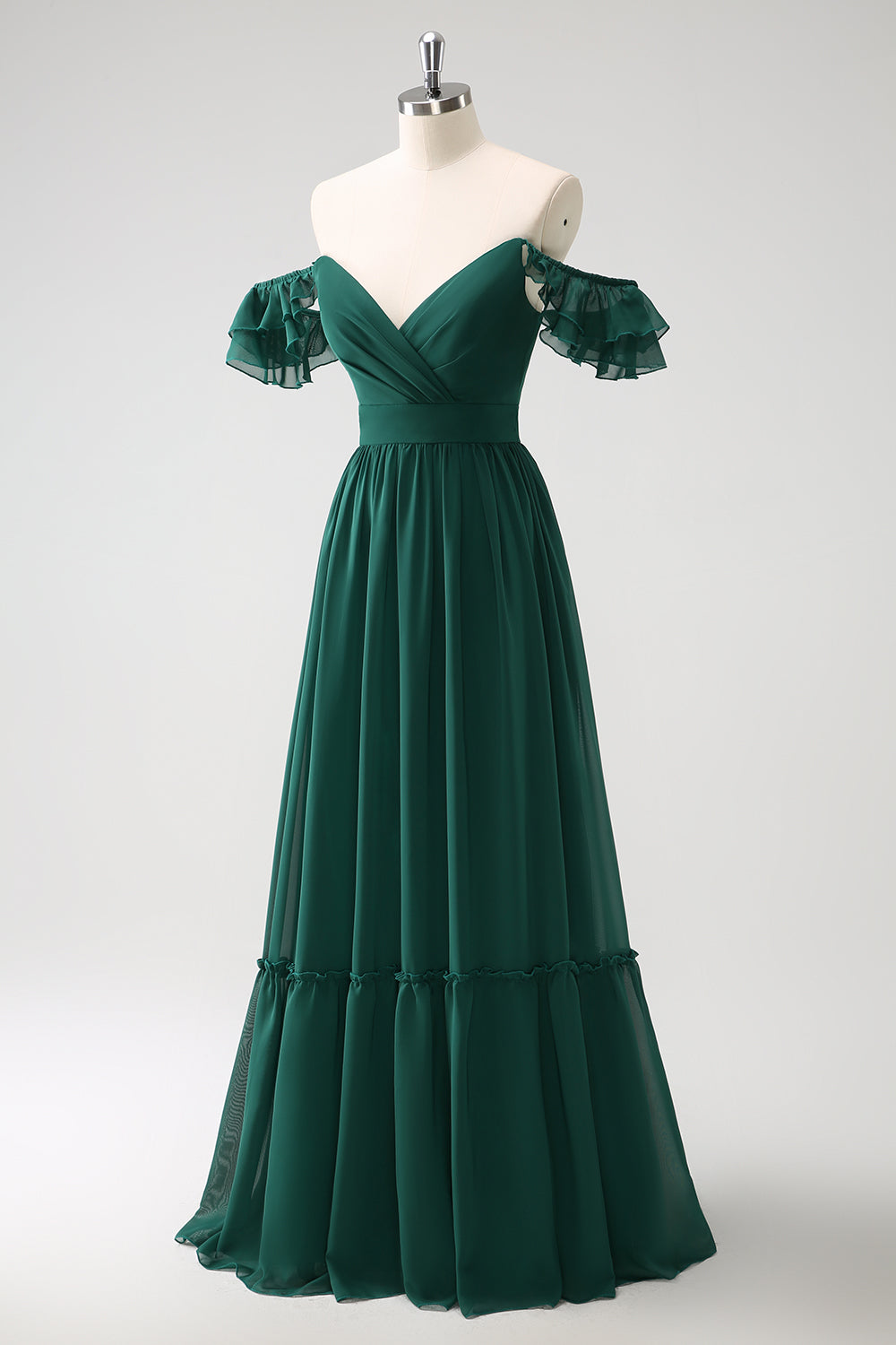 Vestido largo de dama de honor de gasa con cuello en V de línea verde oscuro