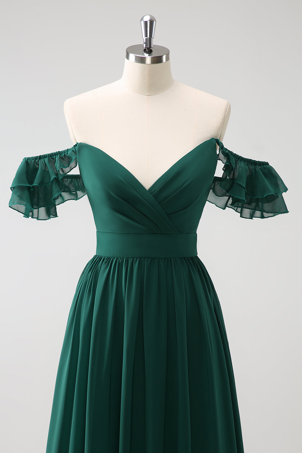 Vestido largo de dama de honor de gasa con cuello en V de línea verde oscuro
