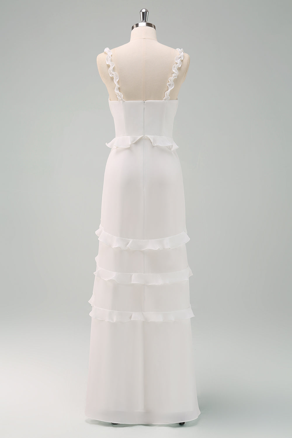 Vestido de fiesta largo sirena con tirantes finos blancos y volantes