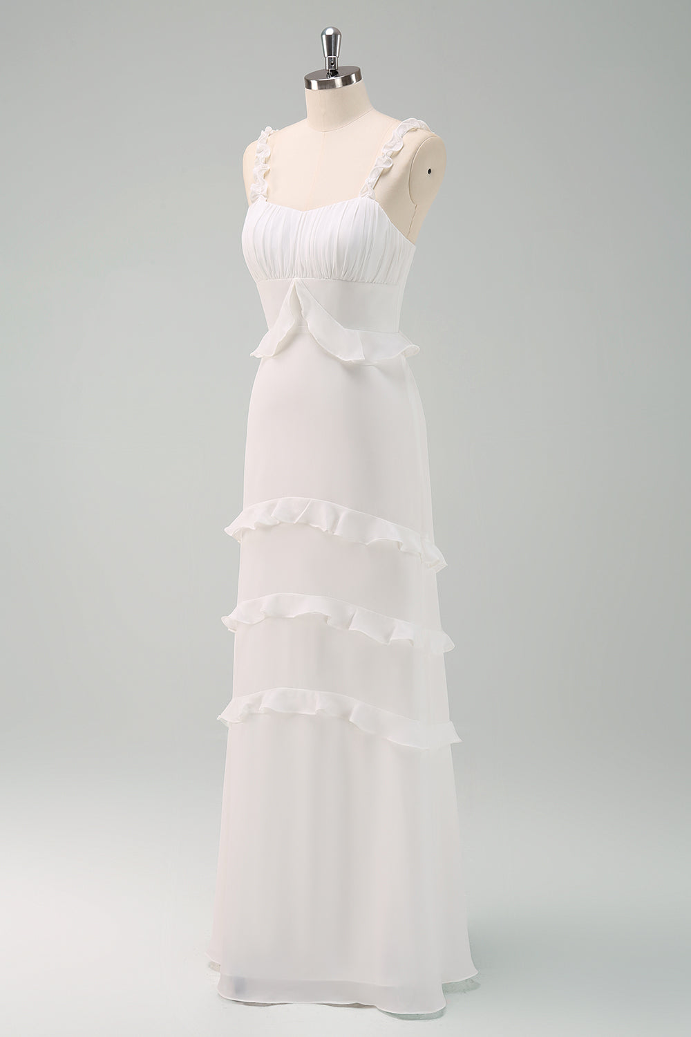 Vestido de fiesta largo sirena con tirantes finos blancos y volantes