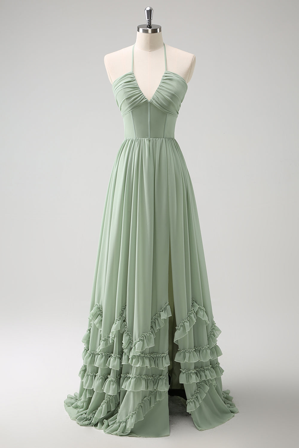 Vestido de dama de honor con volantes Dusty Sage Halter con abertura