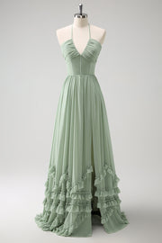 Vestido de dama de honor con volantes Dusty Sage Halter con abertura