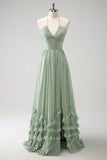 Vestido de dama de honor con volantes Dusty Sage Halter con abertura