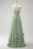 Vestido de dama de honor con volantes Dusty Sage Halter con abertura