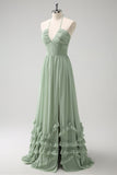 Vestido de dama de honor con volantes Dusty Sage Halter con abertura