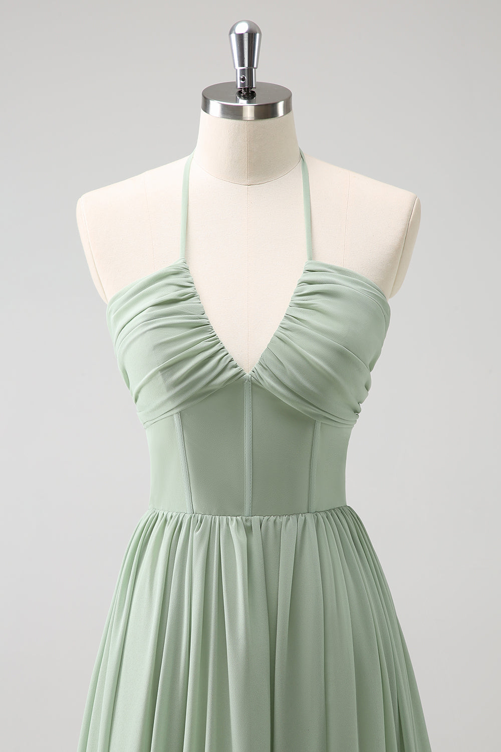 Vestido de dama de honor con volantes Dusty Sage Halter con abertura
