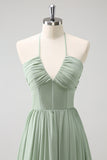 Vestido de dama de honor con volantes Dusty Sage Halter con abertura